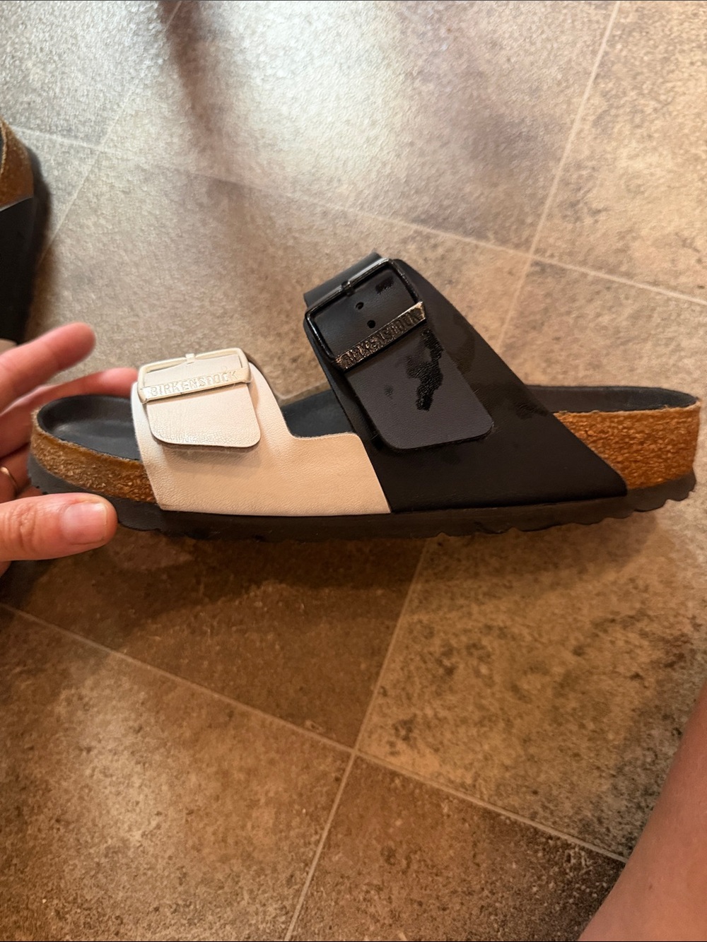 Birkenstock Black and White Two-Strap Slide Sandals - Picture 3 of 11